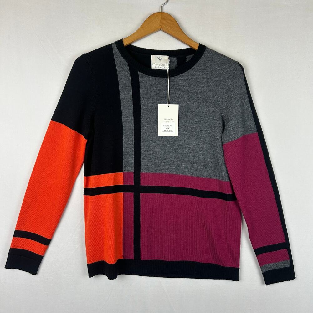 Edinburgh Knitwear Plaid Crew Neck 100% Wool Sweater EK187 Women's Size S